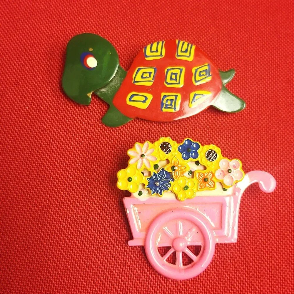 Vintage Turtle Flower Wheelbarrow Cart Pin Brooch